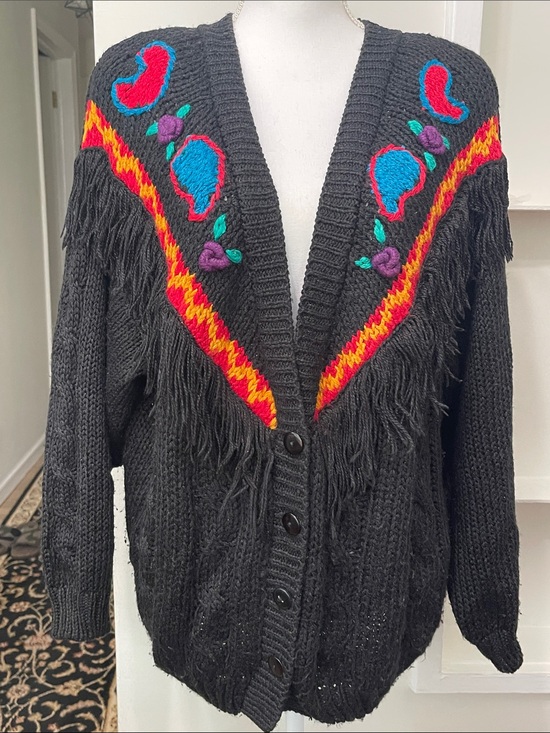 Diana Marco Sweaters - Vintage 1980s Diana Marco Heavy Knit Cardigan Sweater Western Fringe